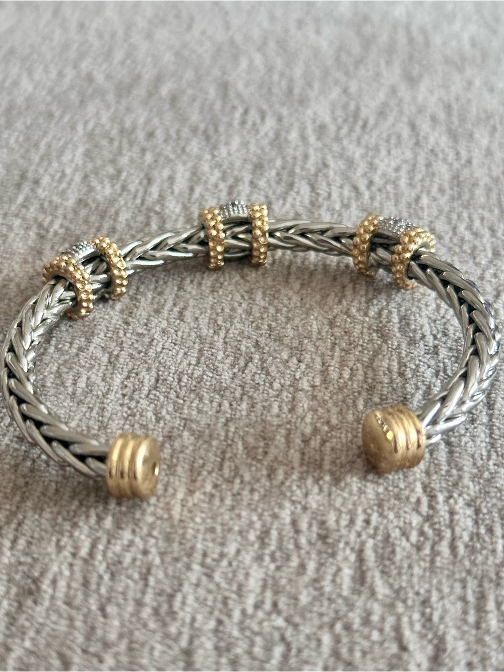 Two-Tone Braided/Woven Wheat Cuff with 3 Barrel Pavé Stations - Picture 5 of 5